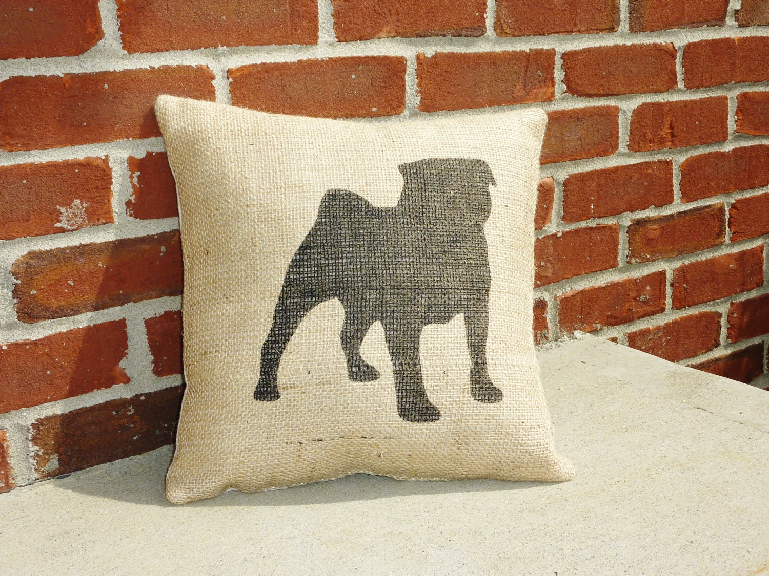 Handmade Stenciled Pug Silhouette Burlap Pillow -Insert Included