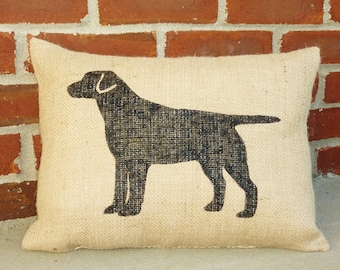 Handmade Stenciled Labrador Retriever Silhouette Burlap Pillow -Insert Included