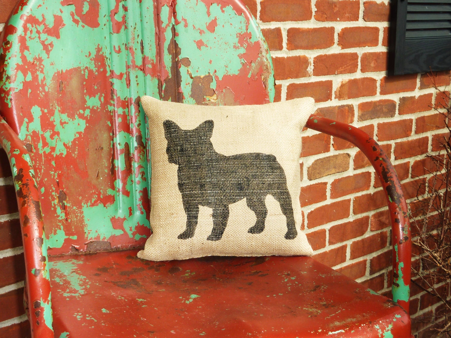 Handmade Stenciled French Bulldog Silhouette Burlap Pillow-Insert Included
