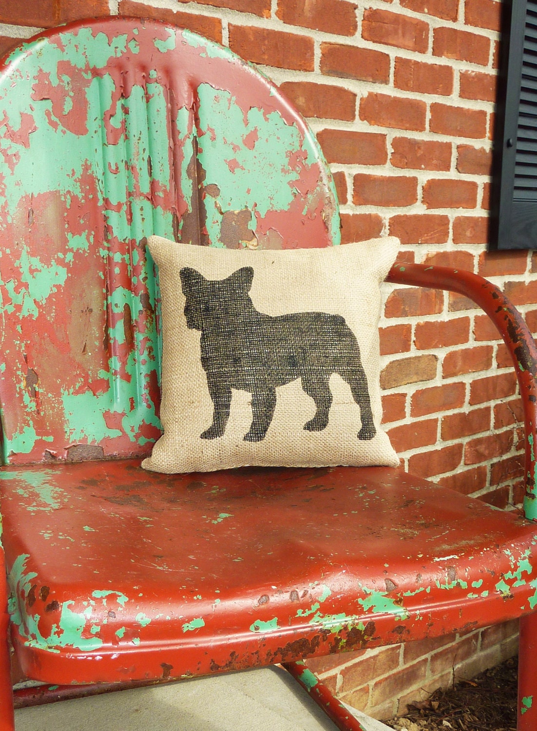 Handmade Stenciled French Bulldog Silhouette Burlap Pillow-Insert Included