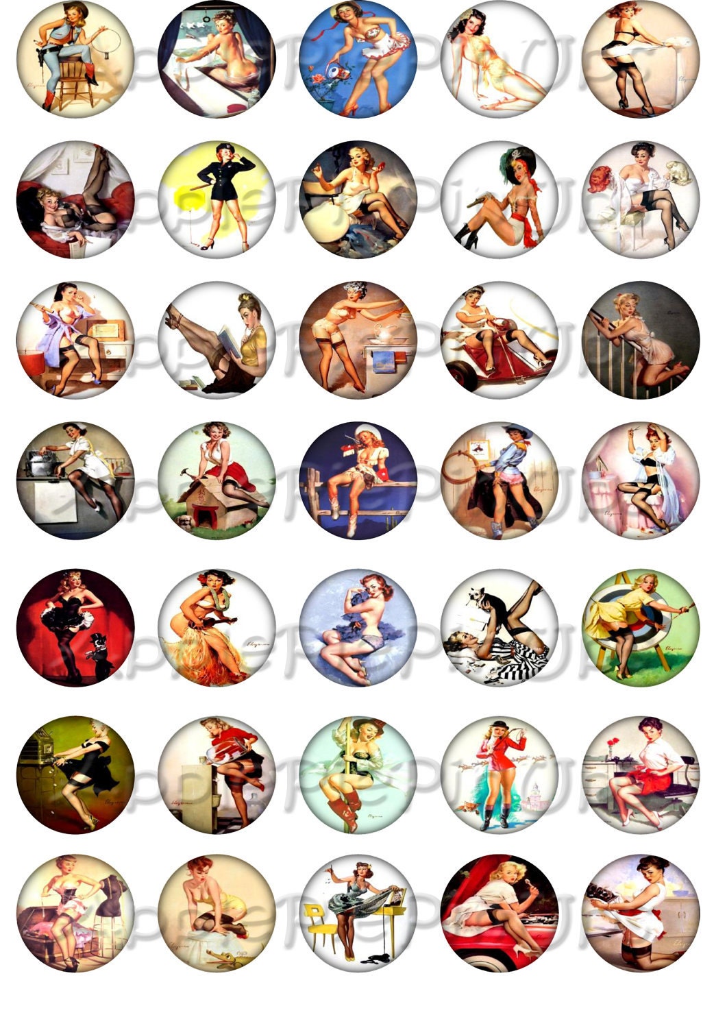 Printable Digital Collage Retro Vintage Cheesecake Style Pinups 1 inch Bottlecap Sheet Scrapbooking Gift Tags Jewelry Making
