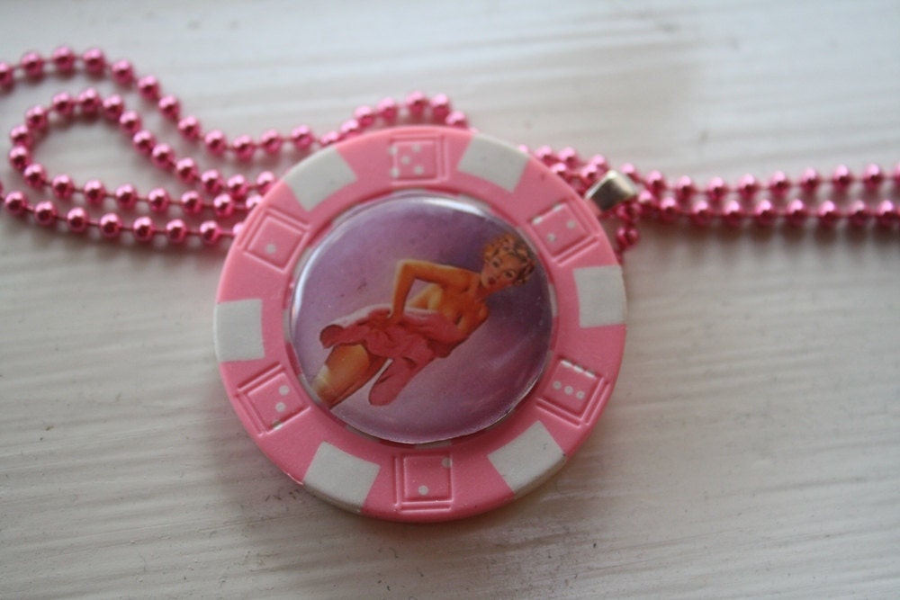 Bathing Beauty Pin Up Girl Poker Chip Cameo Necklace
