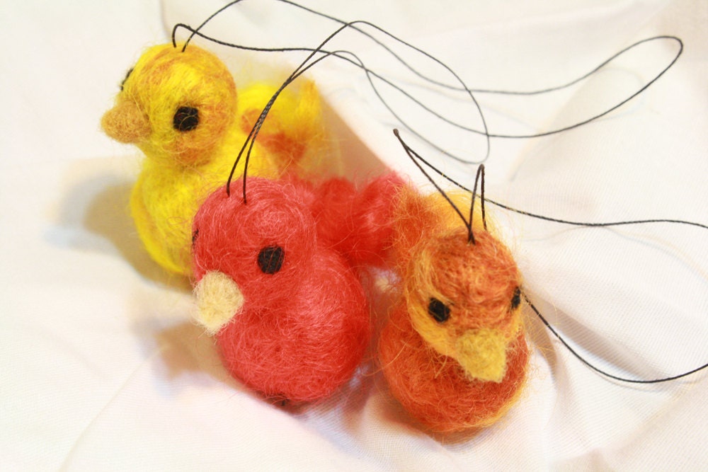 set of 3 red, gold and yellow needle felted bird ornaments