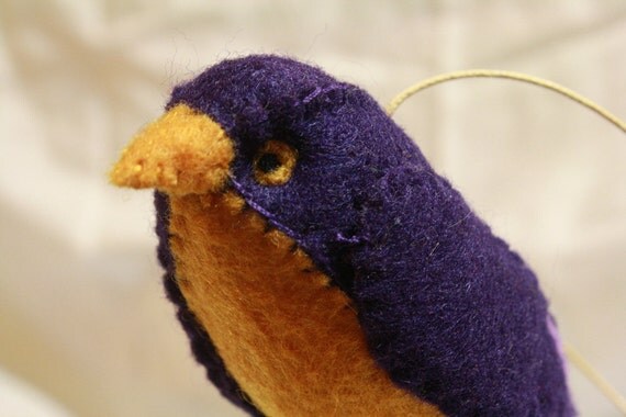 purple and gold felt bird ornament