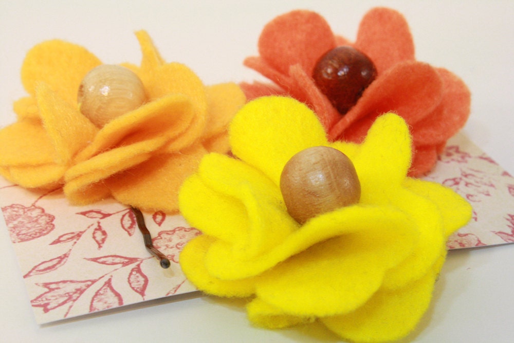 summery citrus felt flower bobby pins - set of 3