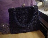 Vintage 1970s Crochet Rafia Handbag  Navy Blue Great Old Kiss Closure