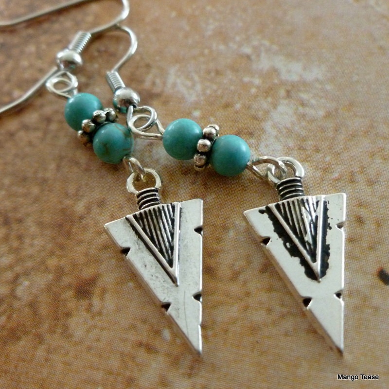 Arrowhead Shimmer Earrings - Arrowhead Charms Turquoise Dyed Jasper Beads Dangles Southwestern