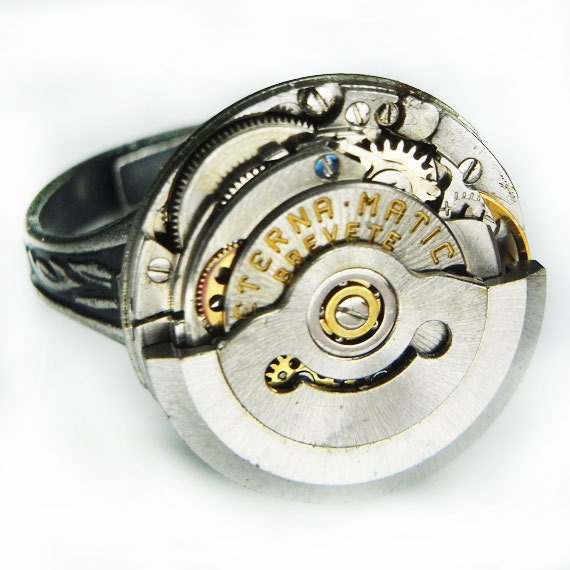 Women's Steampunk Ring Jewelry - Watch Movement Torch SOLDERED - Spinning ETERNA MATIC w/ Floral Band - Adjustable - Killer Ring