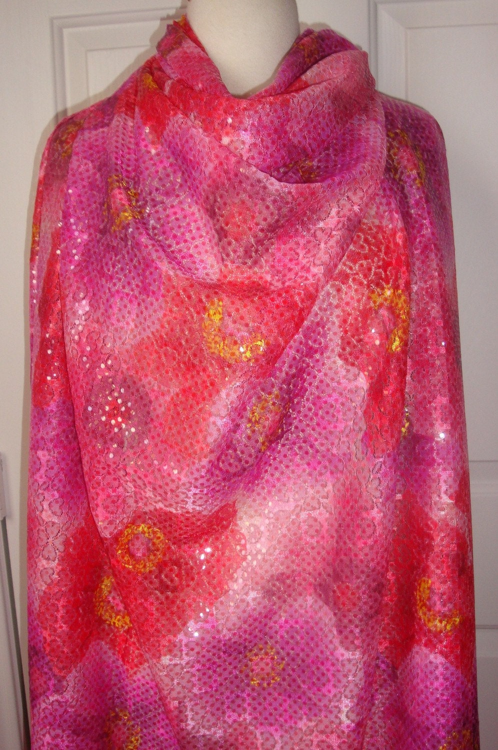 Vintage Novelty Designer Fuschia Red Purple Sequin like, Floral and Hearts, stretch LACE Fashion Fabric 5.5yd