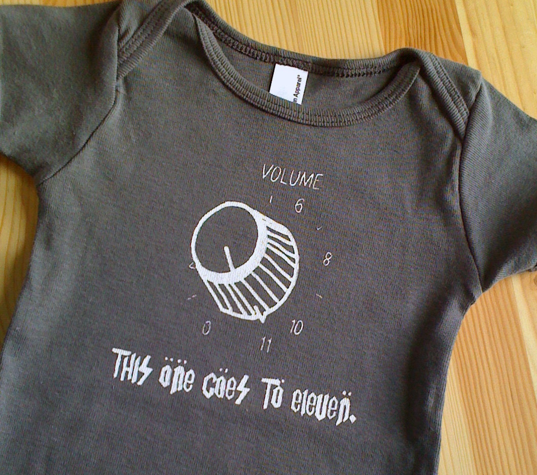 Funny 80s Rock Onesie - This One Goes To Eleven Grey Baby Bodysuit - Hand Screen Printed