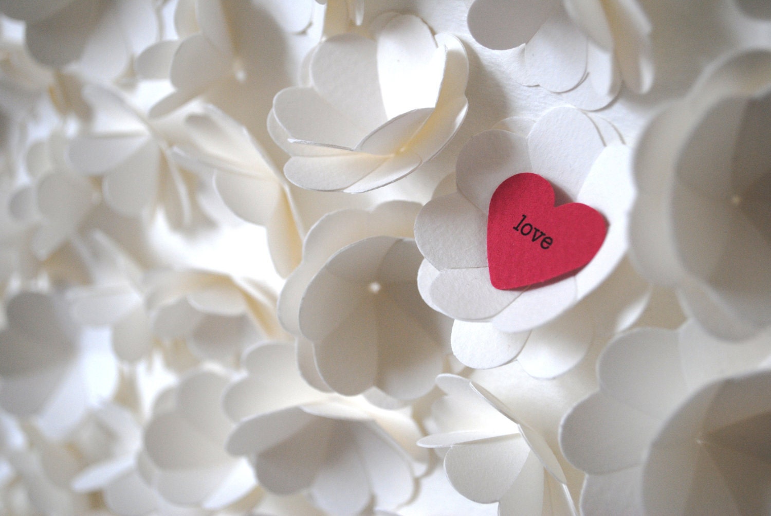 Wedding Gift, Personalized 1,001 3D Hearts - One red heart amongst a cascade of white flowers made from 1,000 hearts