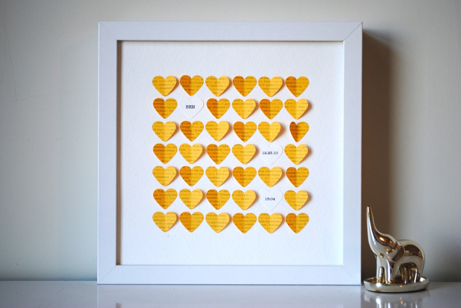 RESERVED (for Jen) Baby Gift, Personalized Framed 3D You Are My Sunshine Song Hearts - Yellow