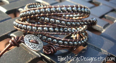 Leather 4 four Wrap Hematite Bead Bracelet with Vintage Style Button