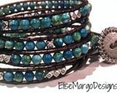 Boho Custom 4 Wrap Leather Bead Bracelet w/ Turquoise & Tibetan Silver Beads