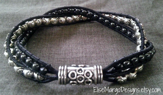 Evil Eye Good Fortune and Health Leather Wrap Tibetan Silver and Hematite Beaded Bracelet with Silver Magnetic Clasp