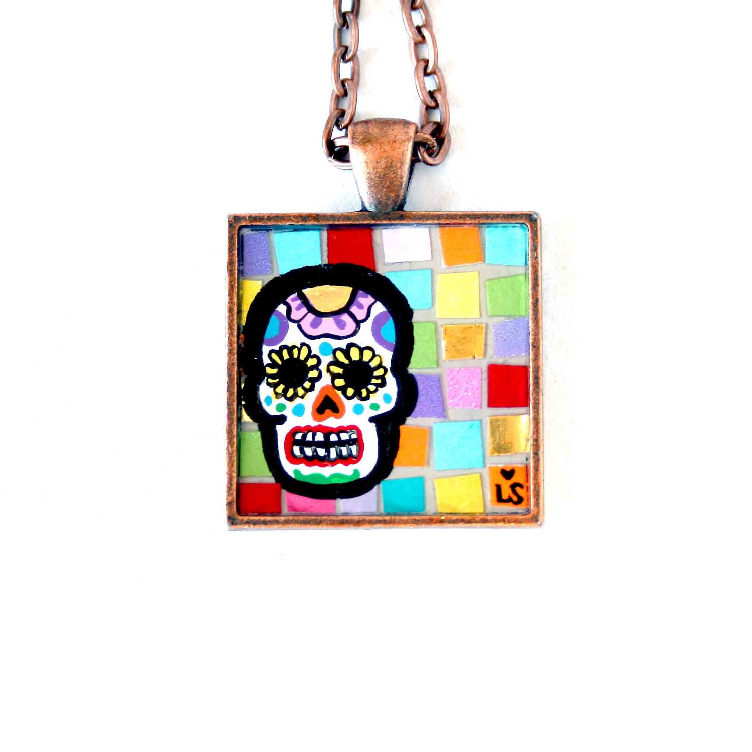 Dia de los Muertos Sugar Skull Original Art Pendant by Lauren Snyder-Recycled Paper Mixed Media Mosaic Art