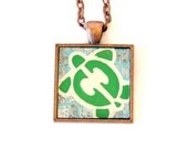 Green Honu Turtle Original Art Pendant by Lauren Snyder-Recycled Paper Mixed Media Mosaic Art