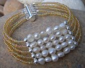 Pearl Cuff - Beaded Bracelet - Baroque Pearl Centerpiece - Sterling Silver - Custom Wristband