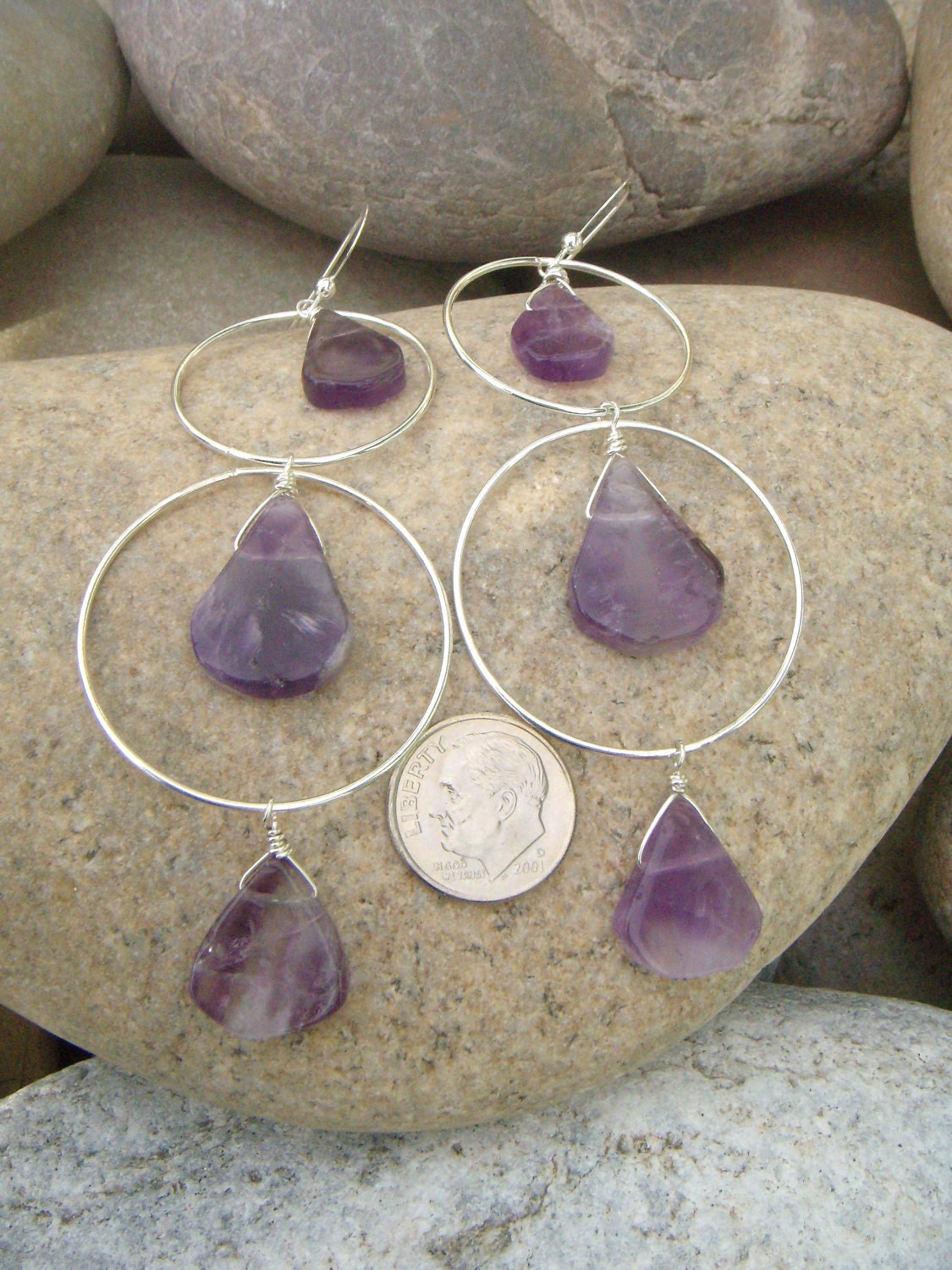 Purple Amethyst Earrings - Sterling Silver Hoop Earrings - Large Dangle Earrings - February Birthstone
