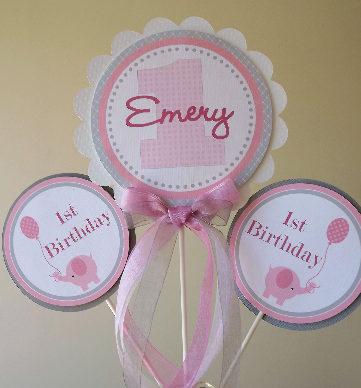 NEW...Pink and Grey Elephant Collection 3 Piece Centerpiece Set Il_170x135