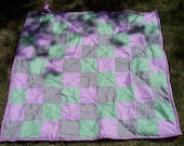 OOAK Summer Picnic Blanket with Gingham Patchwork, Quilting and handle