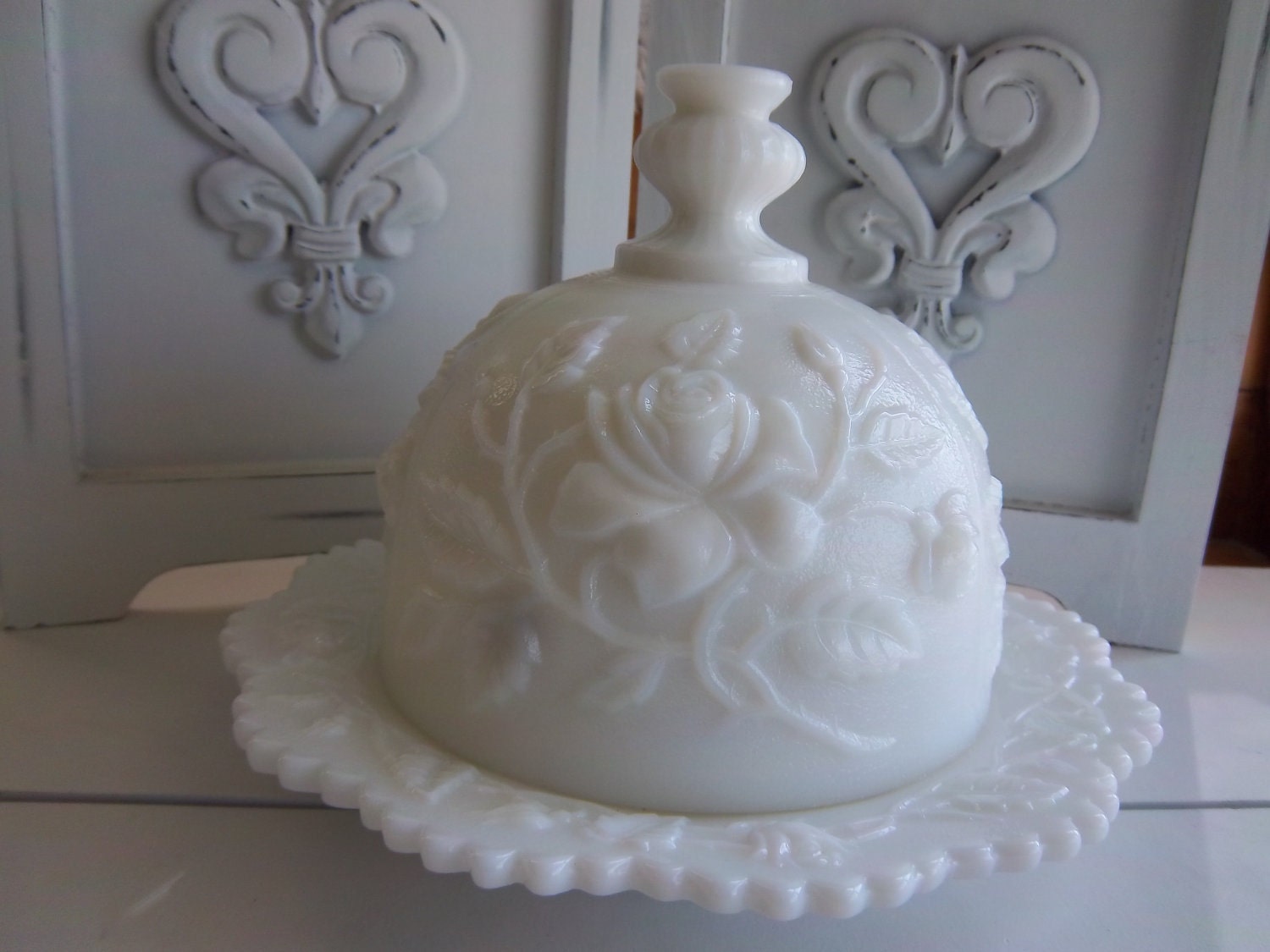 Imperial Glass Open Rose covered Butter Dish