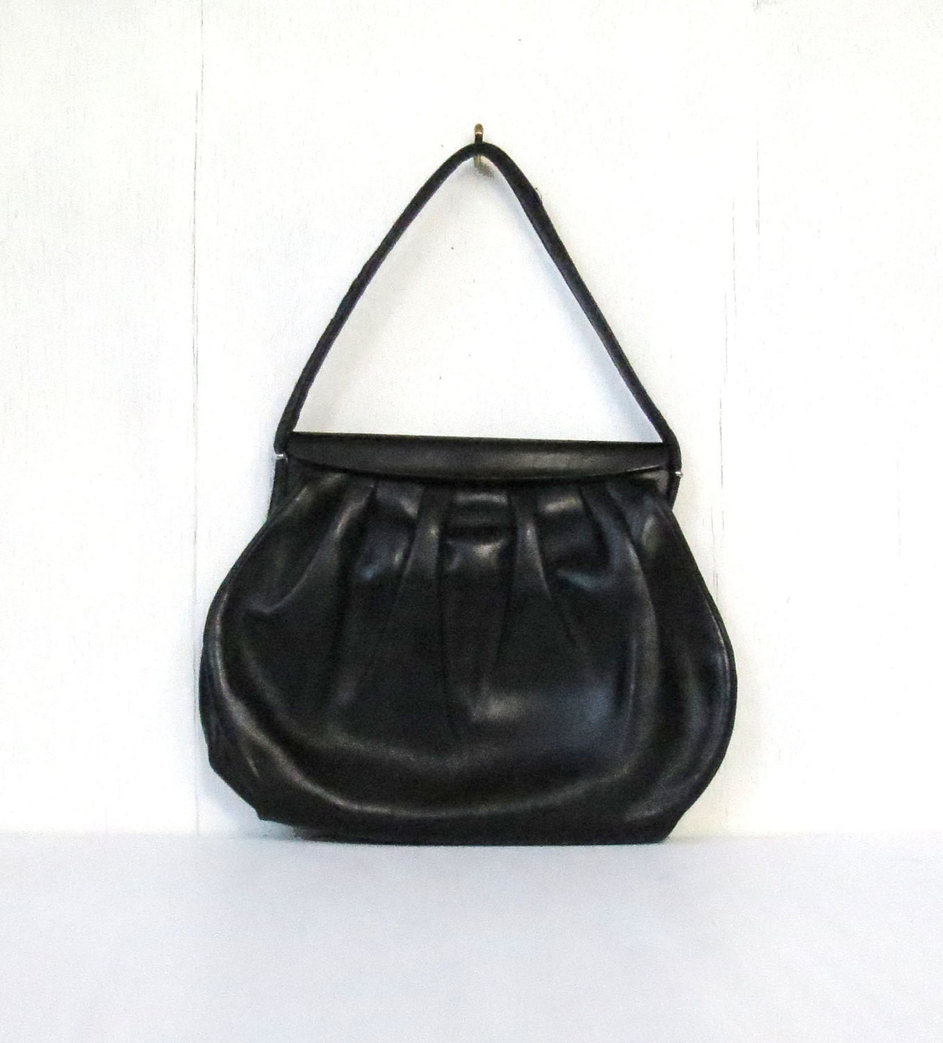 SALE -- vintage 50s black leather clutch with coin purse with green cabochons GREEN JEWEL