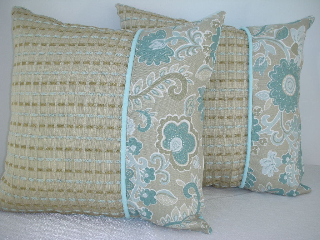 Bedroom Pillow - Decorative Accent Throw Pillow - 15 x 15 Inch Reversible - Pale Aqua and Beige Textured with Flowers Accent Pillow
