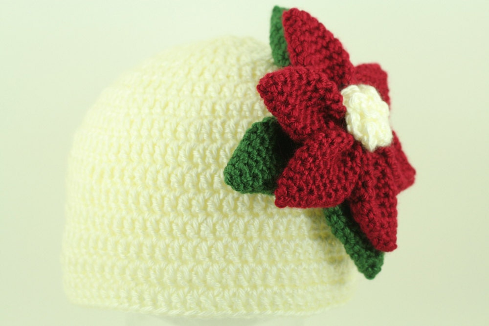 OOAK- Cream Poinsettia Flower Hat Christmas Toddlers 1-3 Years - OOAK Ready To Ship - Handmade & Crocheted