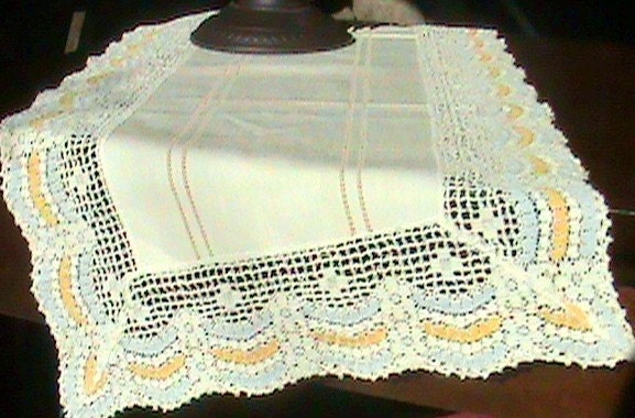 Vintage Gold and Blue Crocheted Lace Table Runner