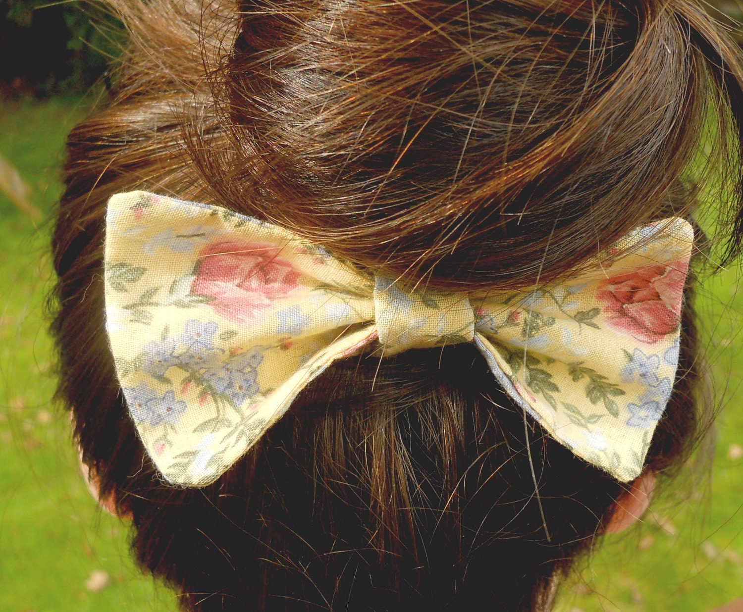 Large Fabric Hair Bow Yellow Floral - Hair Clip