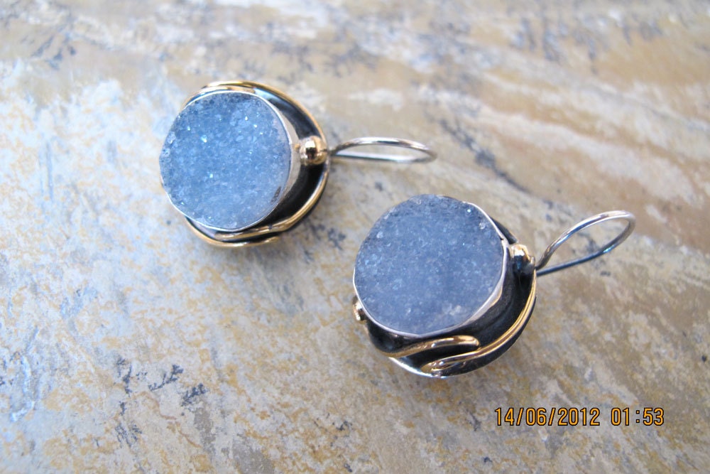 Druzy Chalcedony Earrings with Sterling Silver and 9 Carats Gold