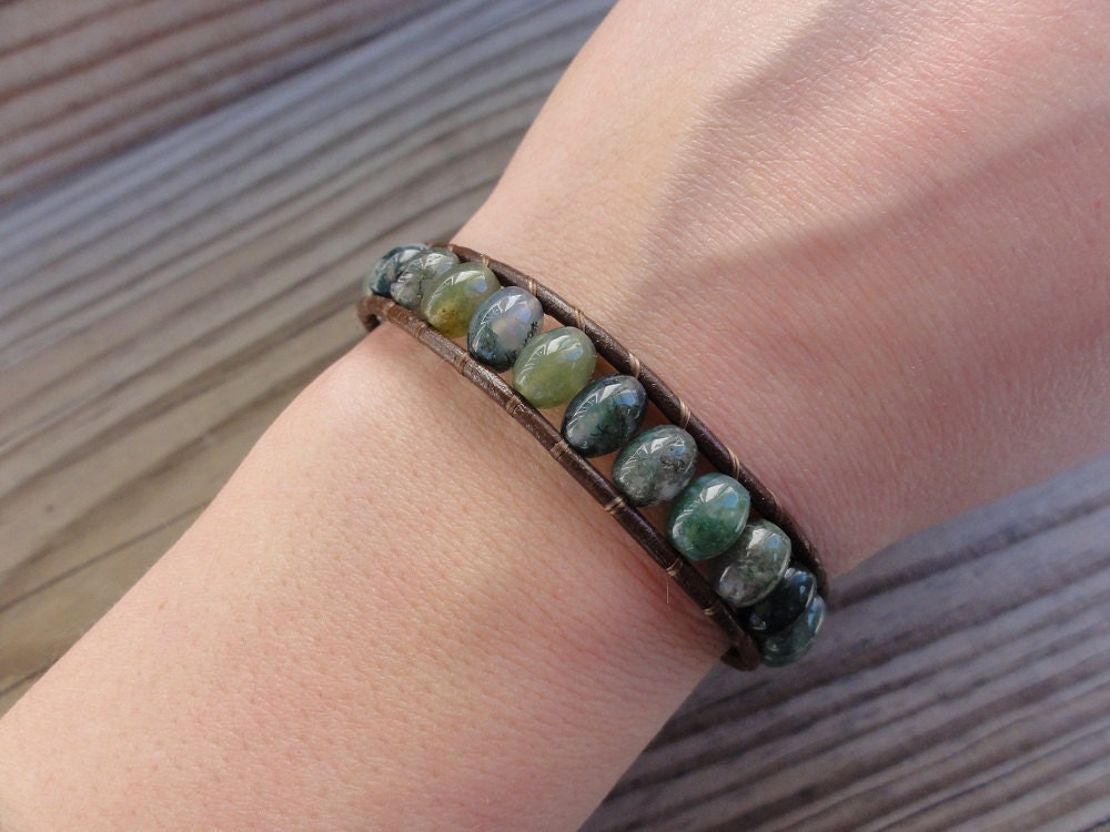 Moss Agate Single Leather Wrap Beaded Bracelet - Green & Brown