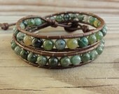 Green Moss Agate Double Beaded Leather Wrap Bracelet