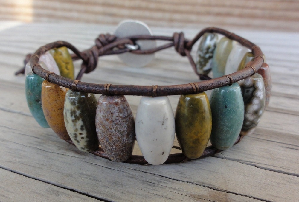 Ocean Jasper Beaded Single Leather Wrap Bracelet Cuff - Ladder Bracelet