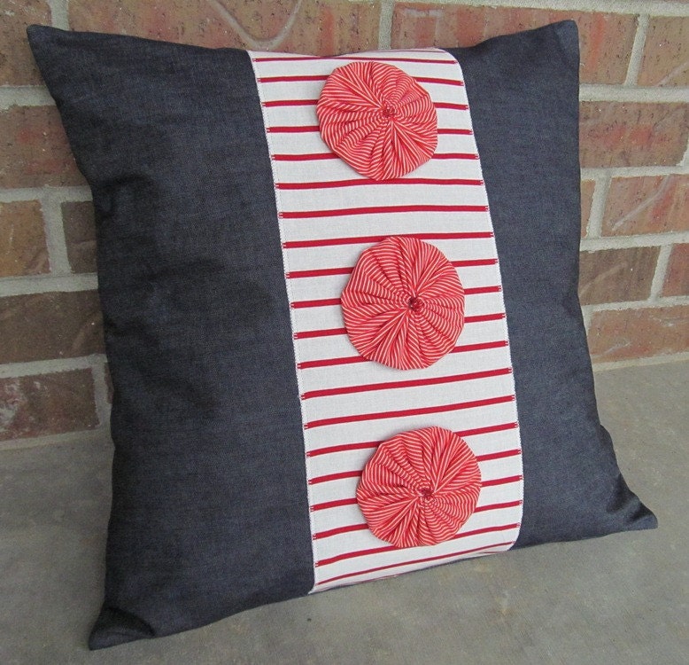 Decorative Pillows Denim Red YoYo Rosettes 18" x 18"