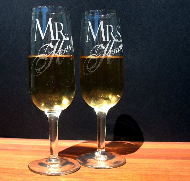 Two Custom Engraved Wedding Champagne Flutes
