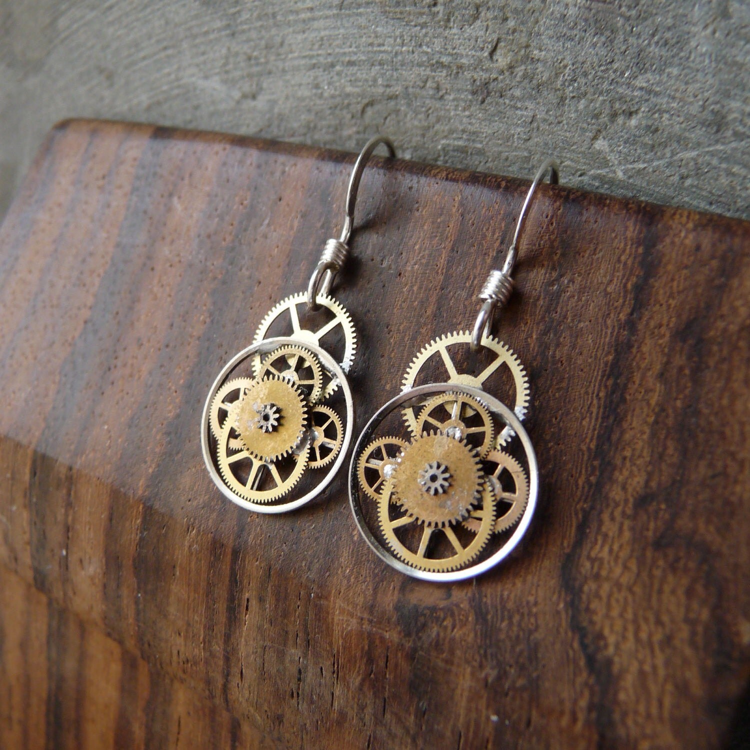 Earrings Gearrings "Delta" Elegant Recycled Mechanical Watch Gear Dangle Style Sterling Silver French Wire Hook Earrings Steampunk Earrings