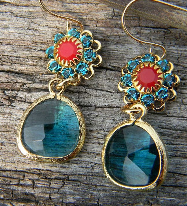 Sea Glass Green and Coral Earrings Framed in Gold
