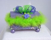 Trinket Box Decorative Purple & Green Bow Lime Green Feathers Ready To Ship