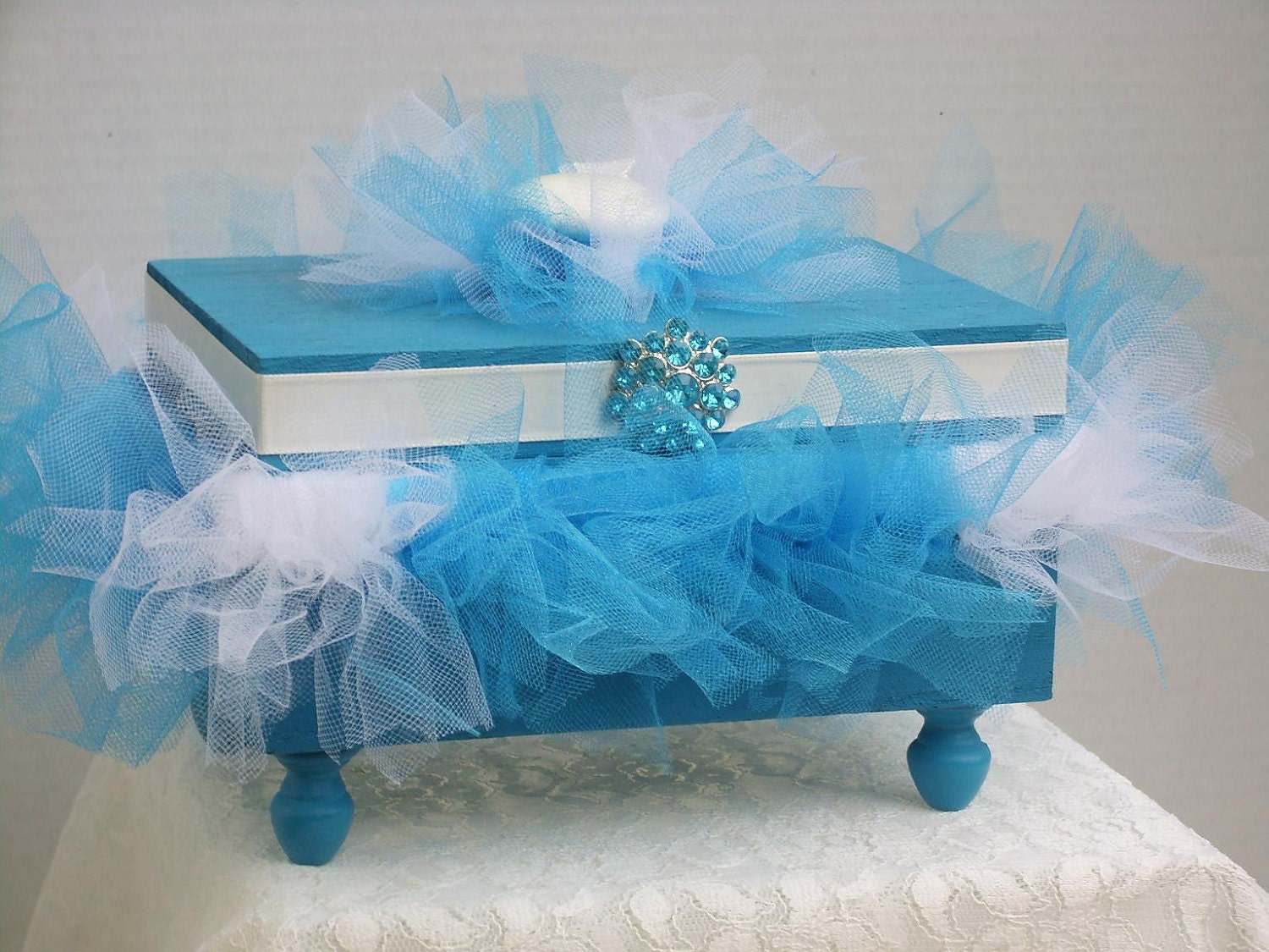 Decorative Box Wood with Turquoise and White Tutu & White Satin Ribbon Ready To Ship