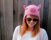 Pig Hat (crochet pink animal hat with ear flaps)