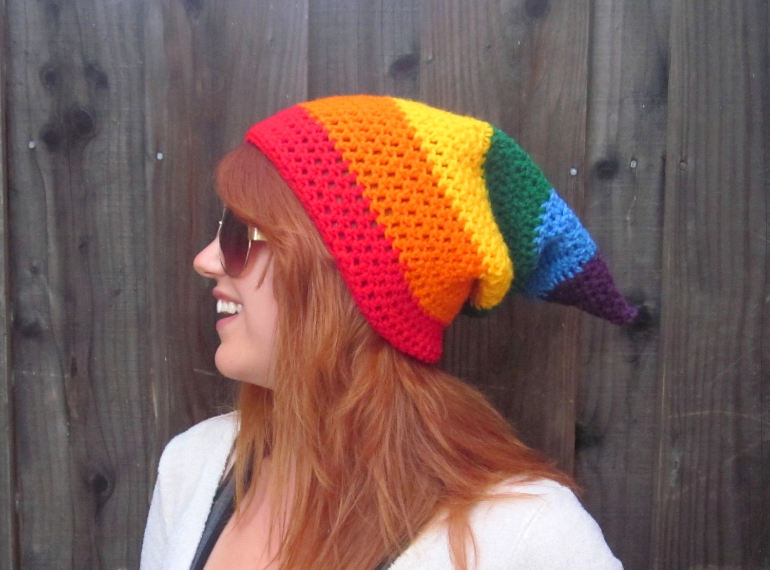Rainbow Stocking Cap (crochet slouchy hat, red to purple)