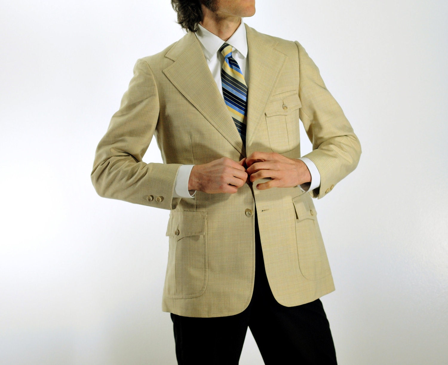 mens suit blazer, linen sportcoat, hunting safari jacket, belted back, bone cream white, 38R 40R Lucky 7