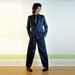 mens royal navy blue zoot suit 80s Indian Bollywood double breasted pinstripe massive peaked lapels baggy wide pants super slim 36R 29W