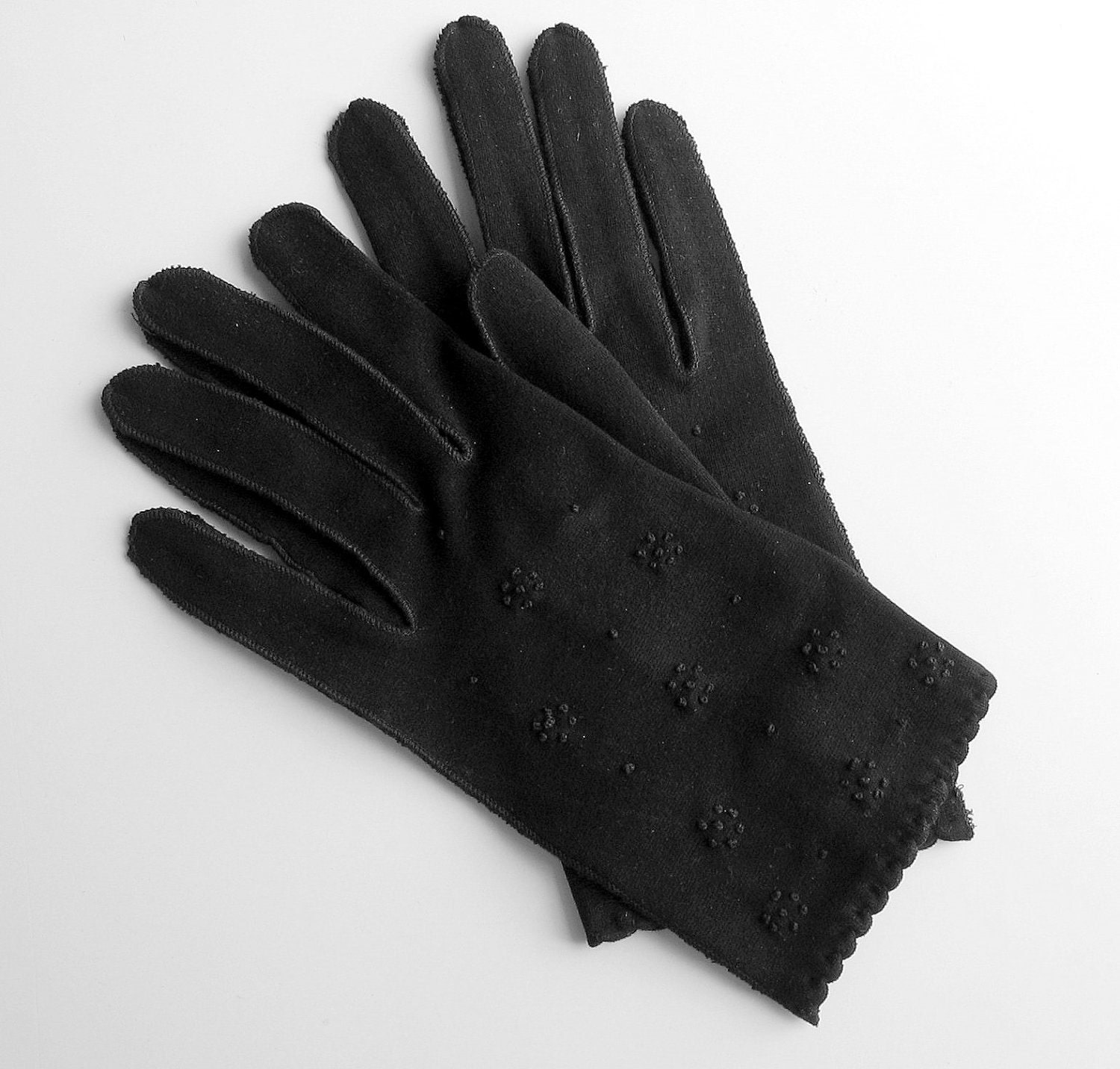 60's Black Cotton Gloves Embroidered Size Small by retrogroovie