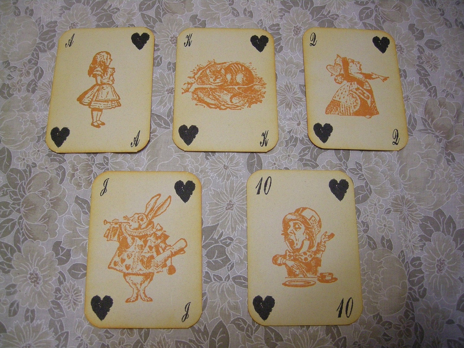 Alice in Wonderland Playing Cards - Halloween Orange and Black - ephemera, red queen, heart, white rabbit, mad hatter, cheshire cat
