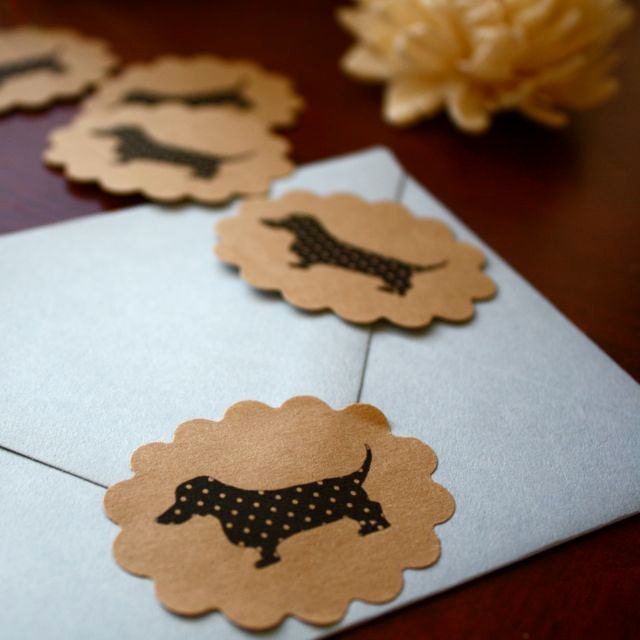Polka-dot  Dachshund Sticker Black and Kraft Brown Seals  Set of 40