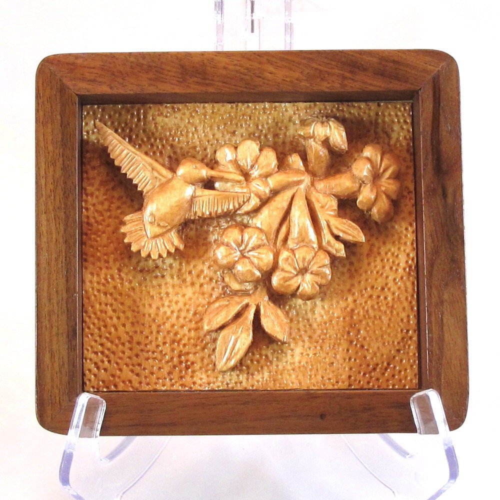 Relief Carving of a Hummingbird with Flowers  - Handmade Walnut Frame