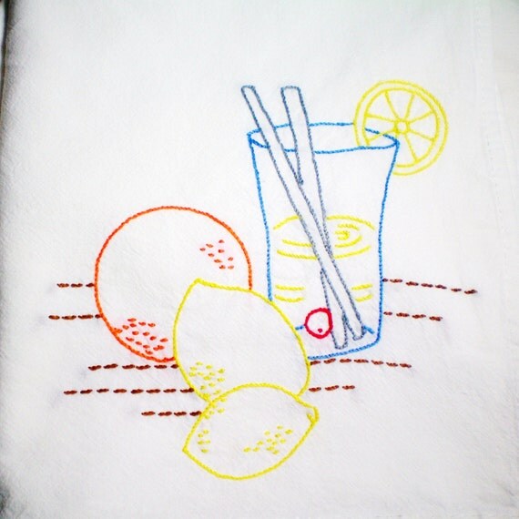Embroidered Kitchen Towel - Lemonade - hand embroidered dish towel
